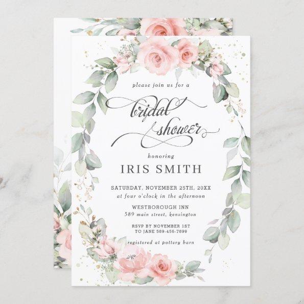 Chic Blush Pink Floral Leafy Wreath Bridal Shower Invitations