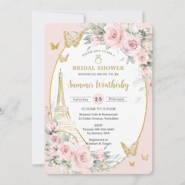 Chic Blush Pink Floral Paris Eiffel Bridal Shower Invitations