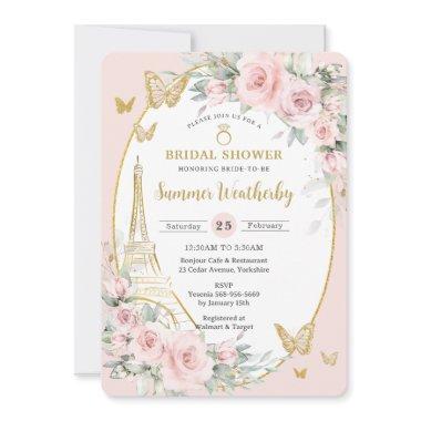 Chic Blush Pink Floral Paris Eiffel Bridal Shower Invitations