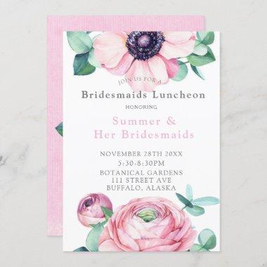 Chic Blush Pink Peony Daisies Bridesmaids Luncheon Invitations