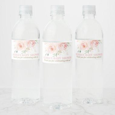 Chic Blush Pink Roses Floral Baby Bridal Shower Water Bottle Label