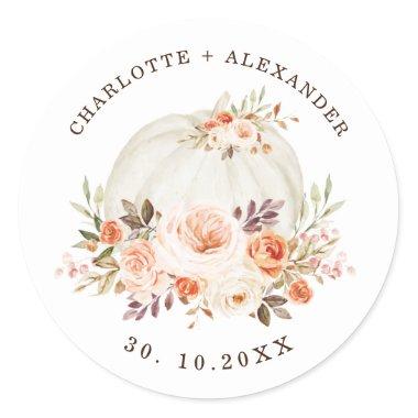 Chic Boho Fall Floral White Pumpkin Wedding Party Classic Round Sticker