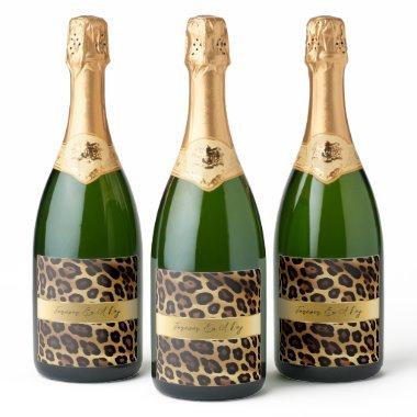 Chic Brown Gold Leopard Wedding Sparkling Wine Label