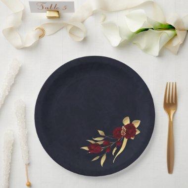 Chic burgundy and gold navy blue paper plates
