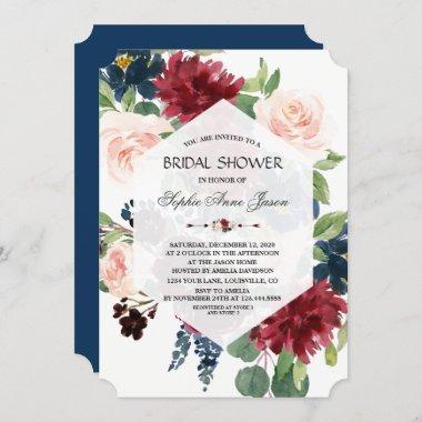 Chic Burgundy Floral Hexagon Frame Bridal Shower Invitations