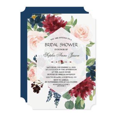 Chic Burgundy Floral Hexagon Frame Bridal Shower Invitations