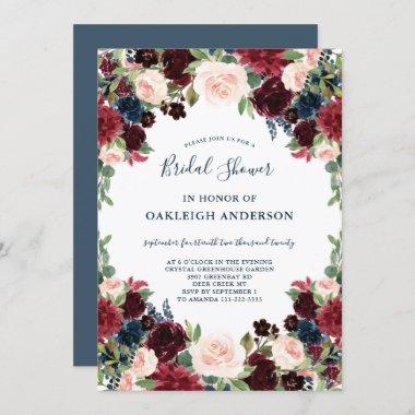 Chic Burgundy, Navy and Pink Floral Bridal Shower Invitations