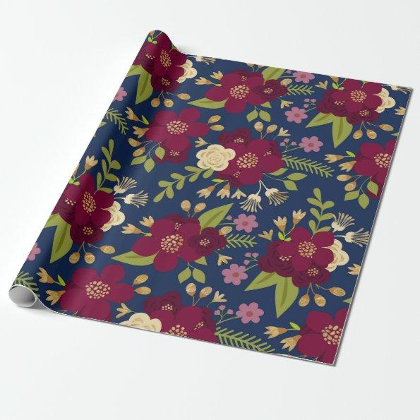 Chic Burgundy, Navy Blue and Gold Wedding Floral Wrapping Paper