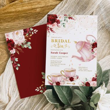 Chic Burgundy Pink Floral Bridal Shower Tea Party Invitations