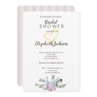 Chic Cactus Gold Glitter Heart Bridal Shower Invitations