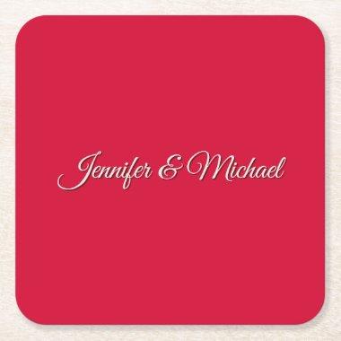 Chic Calligraphy Elegant Cherry Red Personalized Square Paper Coaster