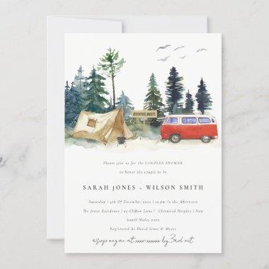 Chic Camping Watercolor Pine Forest Couples Shower Invitations
