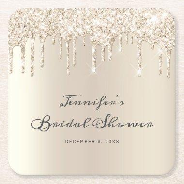Chic Champagne Glitter Drips Script Bridal Shower Square Paper Coaster