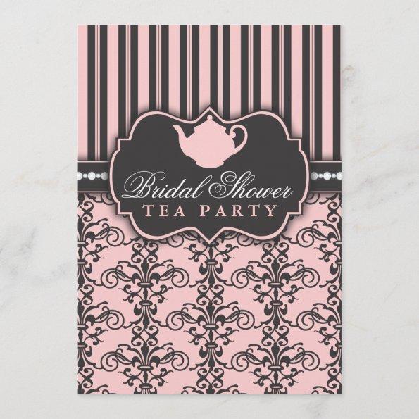 Chic Damask & Stripe Bridal Shower Tea Invitations