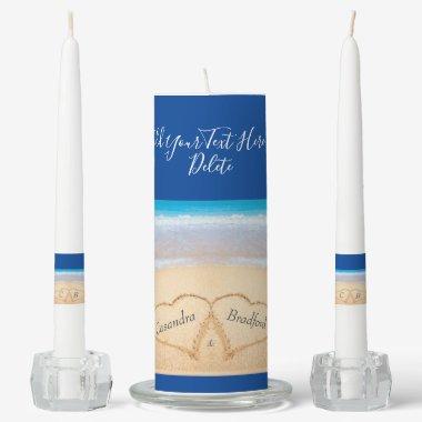 Chic Dark Blue Beach Wedding 2 Hearts in the Sand Unity Candle Set
