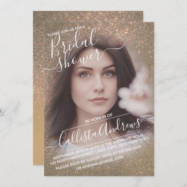 Chic Dark Gold Sparkly Glitter Photo Bridal Shower Invitations