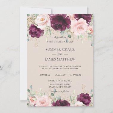 Chic Dark Raspberry Blush Pink Floral Wedding Invitations