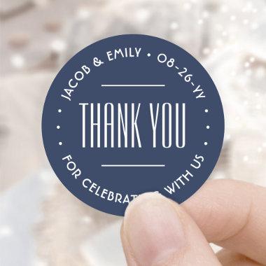 Chic Deco Typography Thank You Navy Blue & White Classic Round Sticker