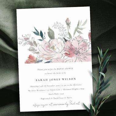 Chic Dusky Blush Watercolor Floral Bridal Shower Invitations