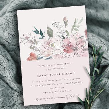 Chic Dusky Blush Watercolor Floral Bridal Shower Invitations