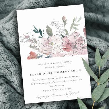 Chic Dusky Blush Watercolor Floral Couples Shower Invitations