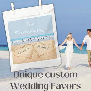 Chic Dusty Blue Beach Wedding 2 Hearts in Sand Favor Bag