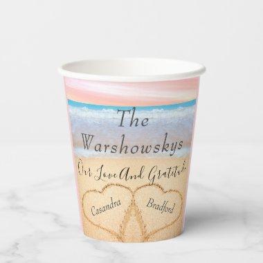Chic Dusty Blue Beach Wedding 2 Hearts in Sand Paper Cups