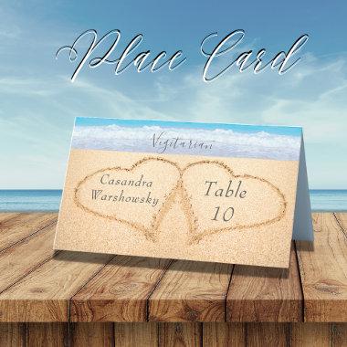 Chic Dusty Blue Beach Wedding 2 Hearts in Sand Place Invitations