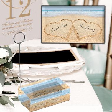 Chic Dusty Blue Beach Wedding 2 Hearts in Sand Place Invitations Holder