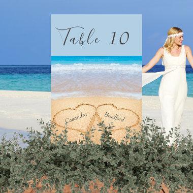 Chic Dusty Blue Beach Wedding 2 Hearts in Sand Table Number