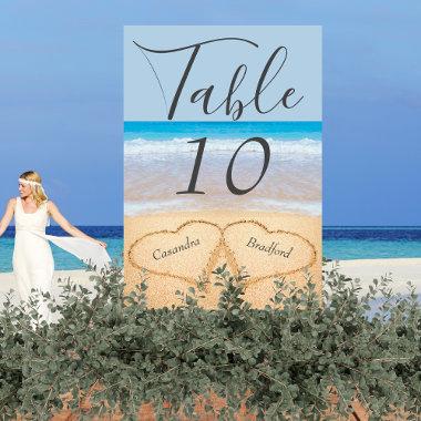 Chic Dusty Blue Beach Wedding 2 Hearts in Sand Table Number