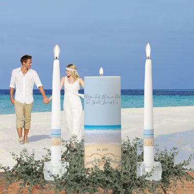 Chic Dusty Blue Beach Wedding 2 Hearts in Sand  Unity Candle Set