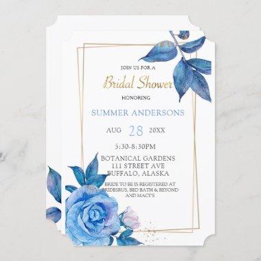 Chic Dusty Blue Blush Gold Roses Bridal Shower Invitations