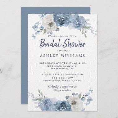 Chic Dusty Blue Ivory Rose Bridal Shower Invitatio Invitations