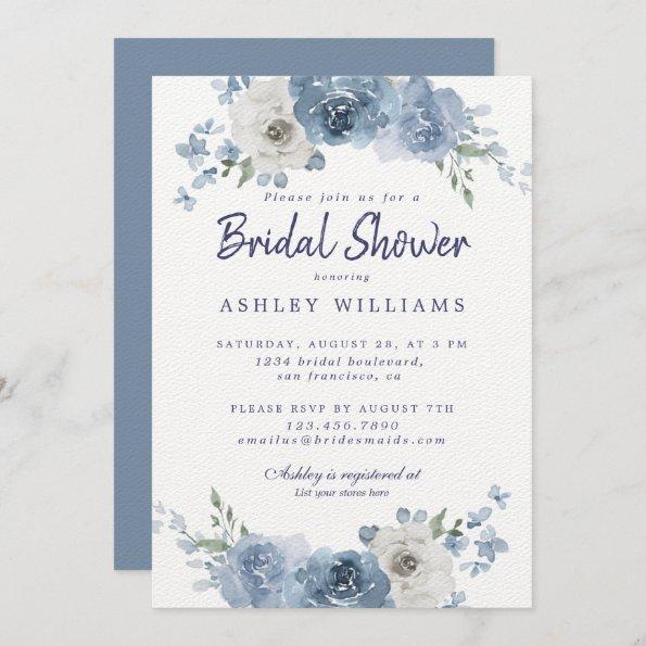Chic Dusty Blue Ivory Rose Bridal Shower Invitatio Invitations