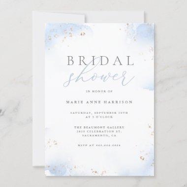 Chic Dusty Blue Ombre Gold Dust Bridal Shower Invitations