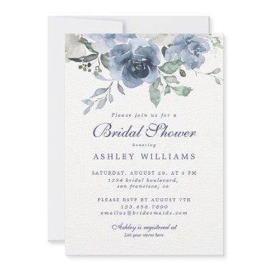 Chic Dusty Blue Rose Navy Blue White Bridal Shower Invitations