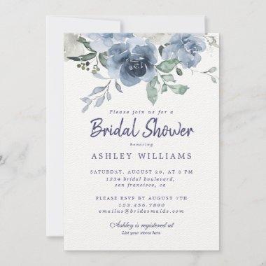 Chic Dusty Blue Rose White Bridal Shower Invitations