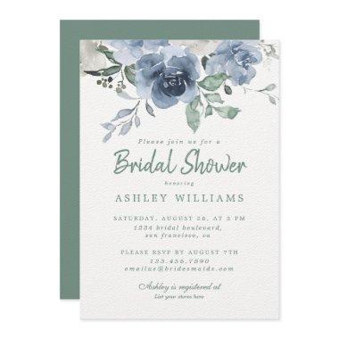 Chic Dusty Green Blue Rose Bridal Shower Invitations