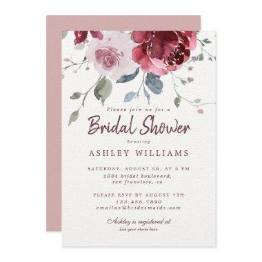 Chic Dusty Pink Rose Burgundy Bridal Shower Invitations