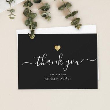 Chic Elegant Black Modern Script Gold Heart Thank You