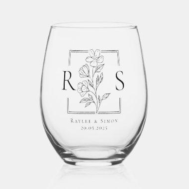 Chic Elegant Boho Floral Monogrammed Initial Stemless Wine Glass