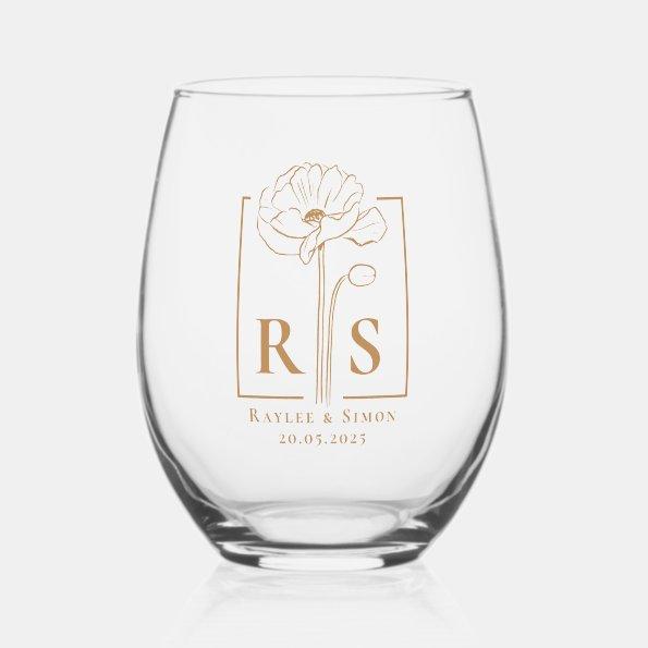 Chic Elegant Gold Floral Monogrammed Initial Stemless Wine Glass