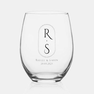 Chic Elegant Minimalist Black Monogrammed Initial Stemless Wine Glass