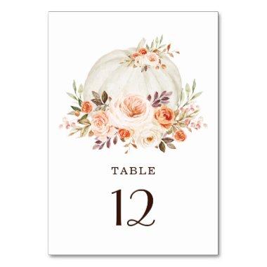 Chic Fall White Pumpkin Peach Orange Floral Table Number