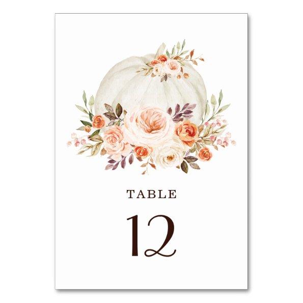 Chic Fall White Pumpkin Peach Orange Floral Table Number