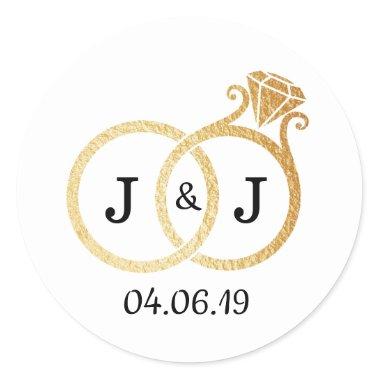 Chic Faux Gold Foil Monogram Wedding Rings Classic Round Sticker