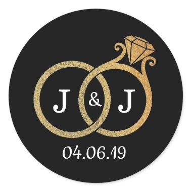 Chic Faux Gold Foil Monogram Wedding Rings Classic Round Sticker