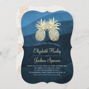 Chic Faux Gold Pineapple Couple Blue Wave Wedding Invitations