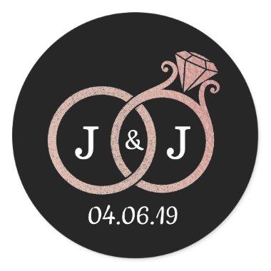 Chic Faux Rose Gold Foil Monogram Wedding Rings Classic Round Sticker